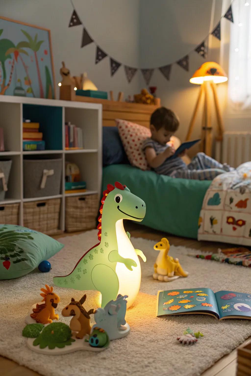 A dinosaur-themed night light, offering both comforting illumination and a charming presence in the room.
