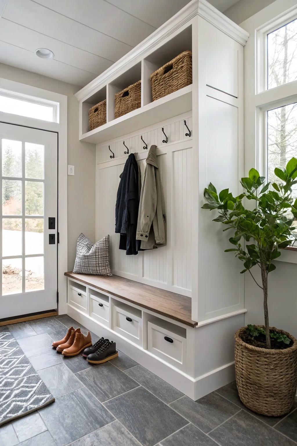 Bench storage combines seating with hidden functionality for laundry.