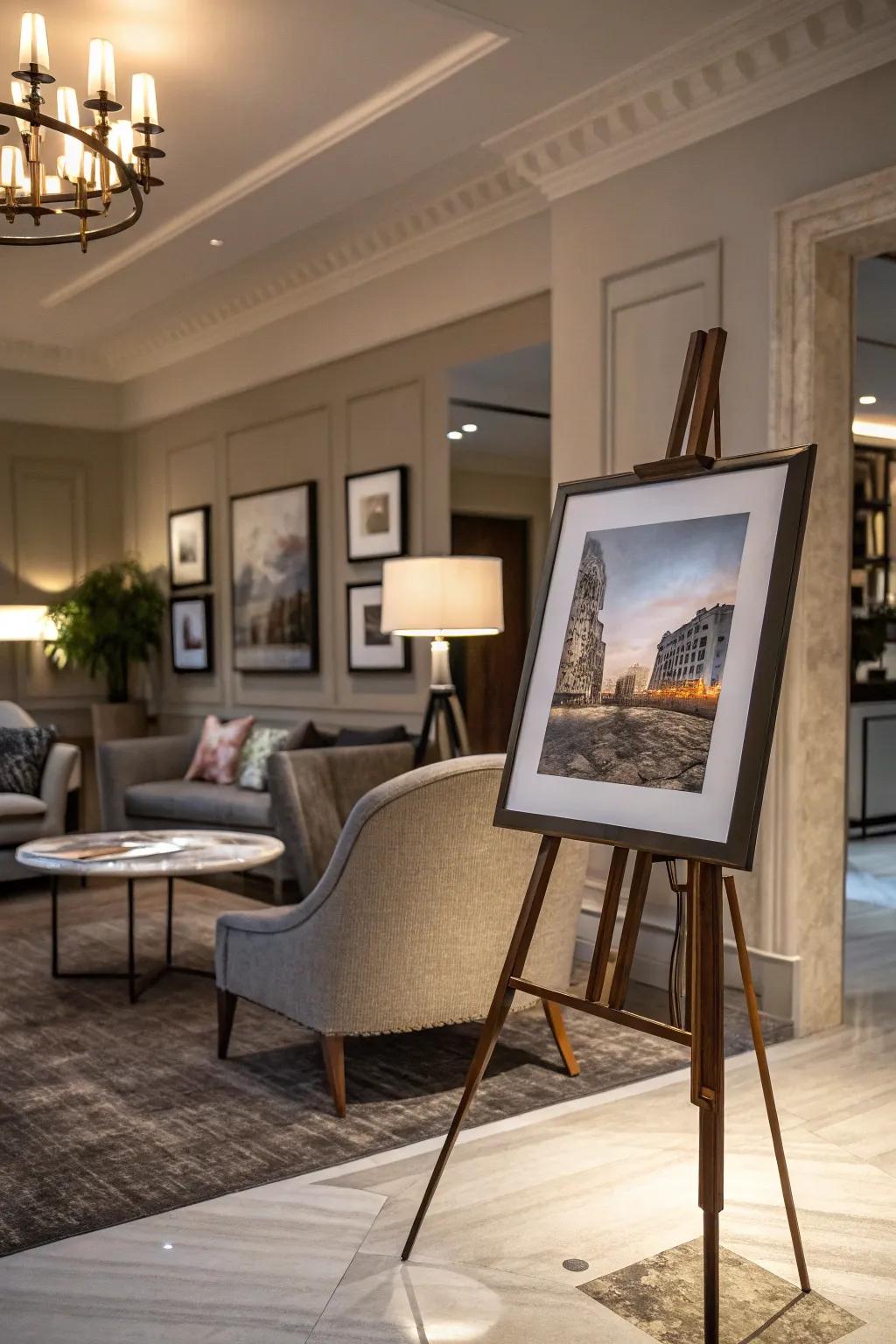 Art displayed on stands for a gallery feel within a home.