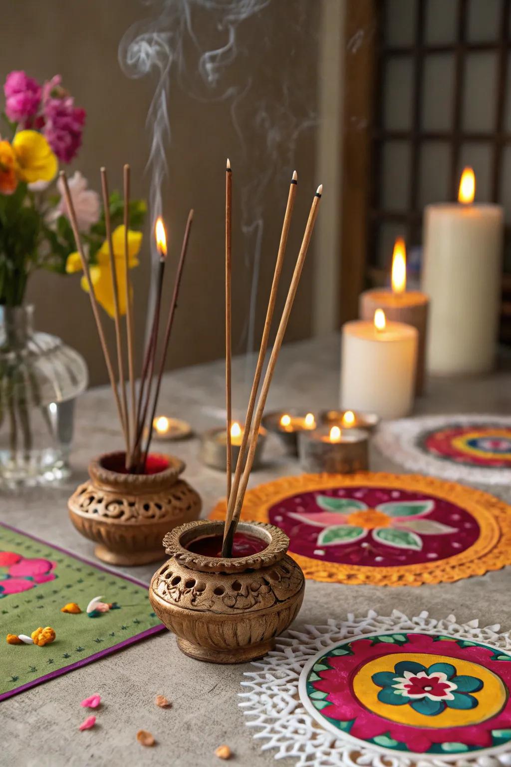 Incense sticks in decorative stands fashion a calming and aromatic atmosphere on the table.