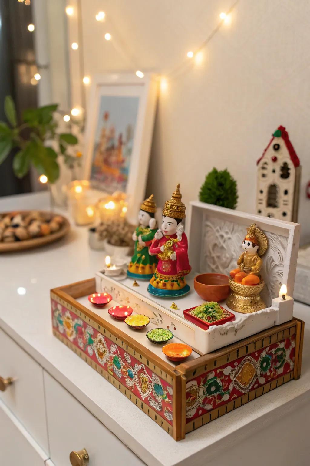 A compact Golu setup impeccable for small quarters.