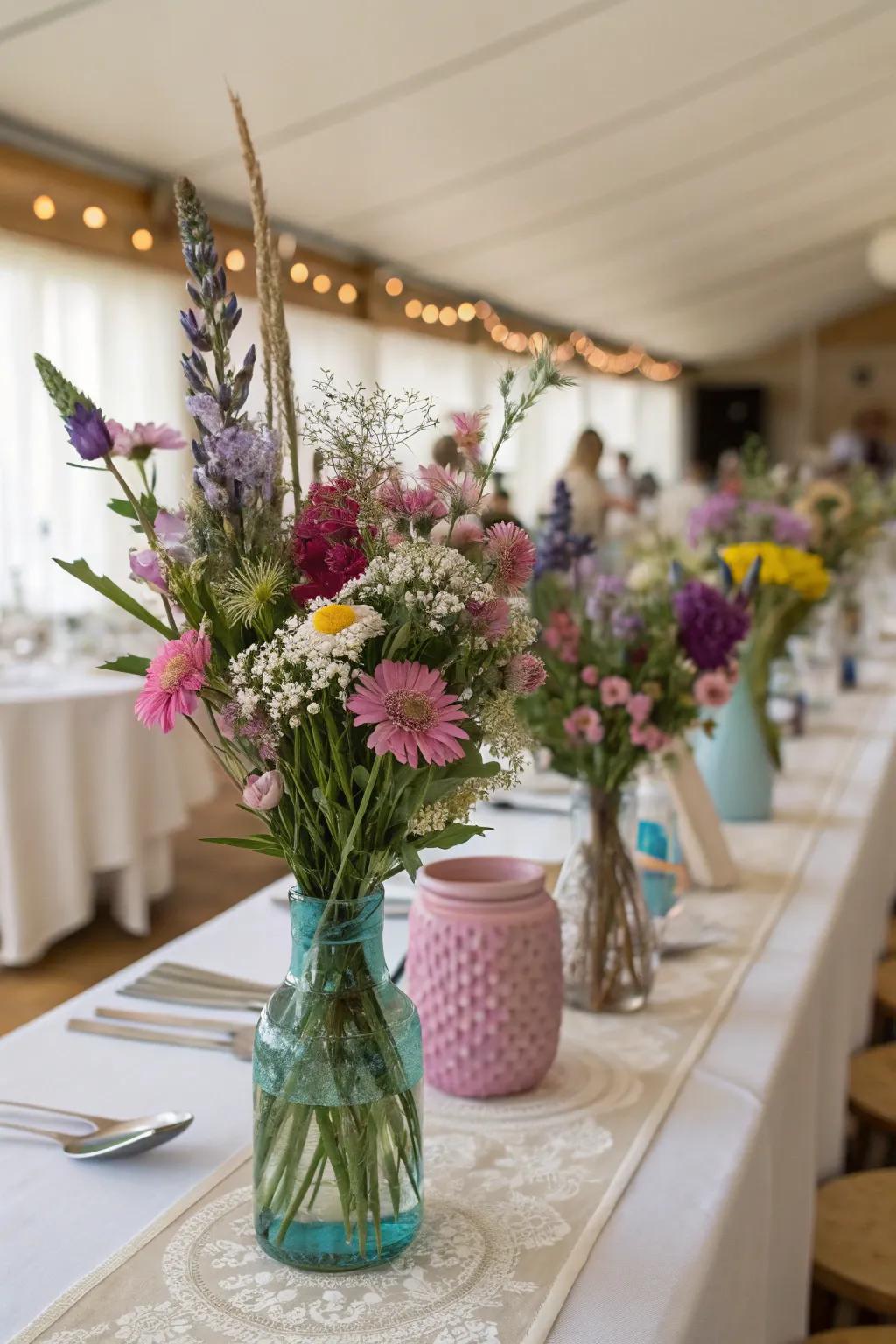 Carefree beauty using playful wildflower centerpieces.