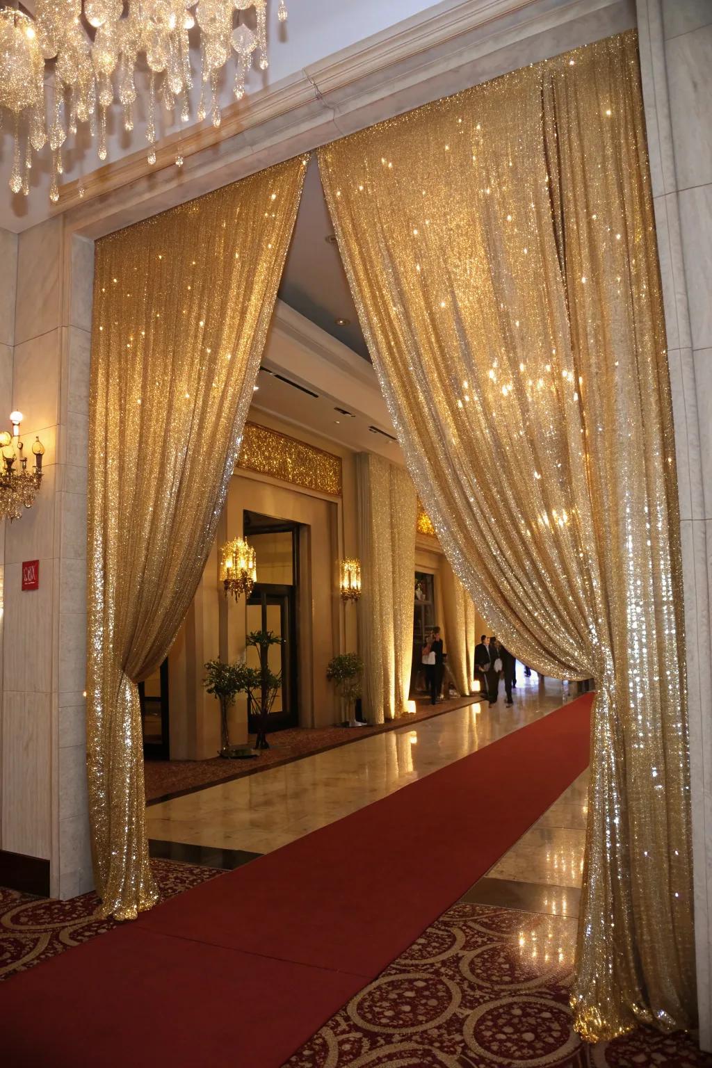Metallic curtains add glamour and sophistication to entries.