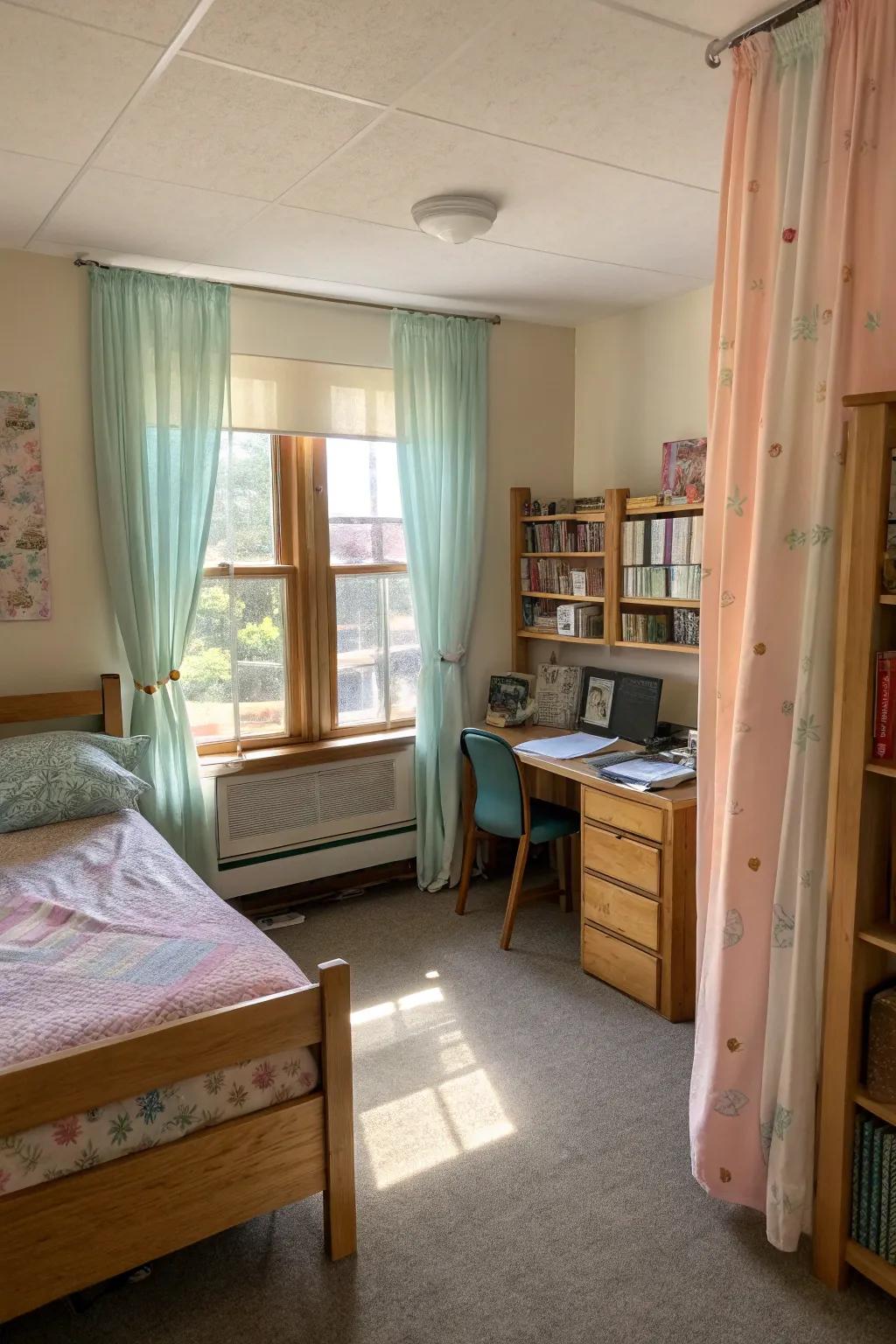 Even in shared dorms, curtains can create private spaces.