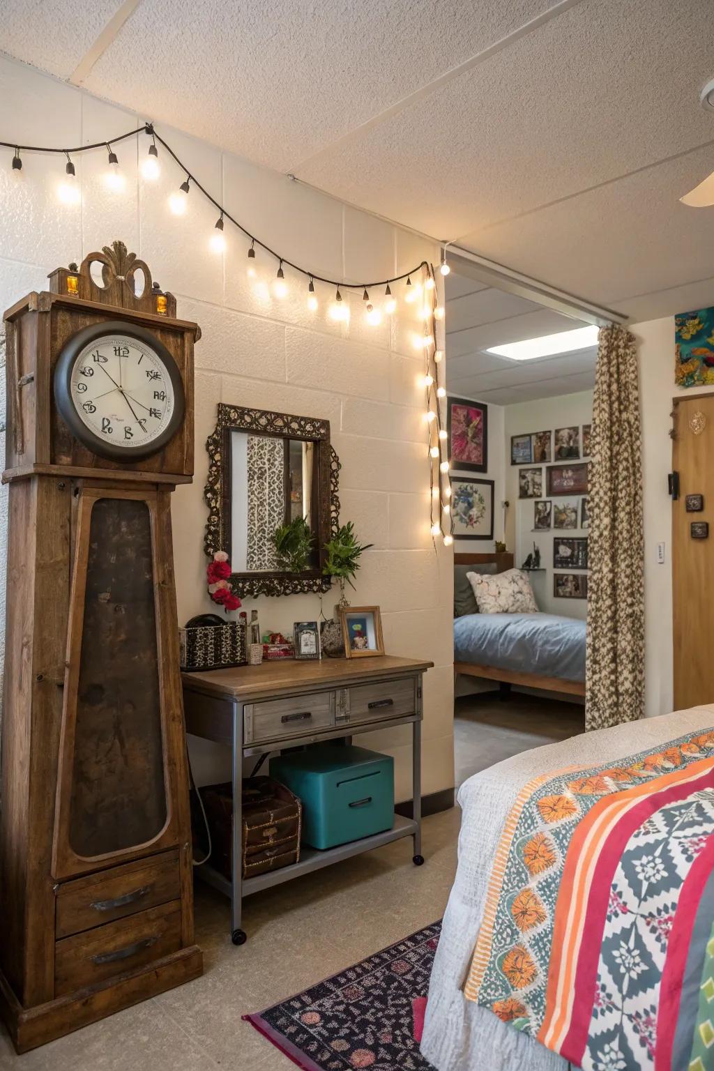 A vintage piece adds unique character to the dorm room.