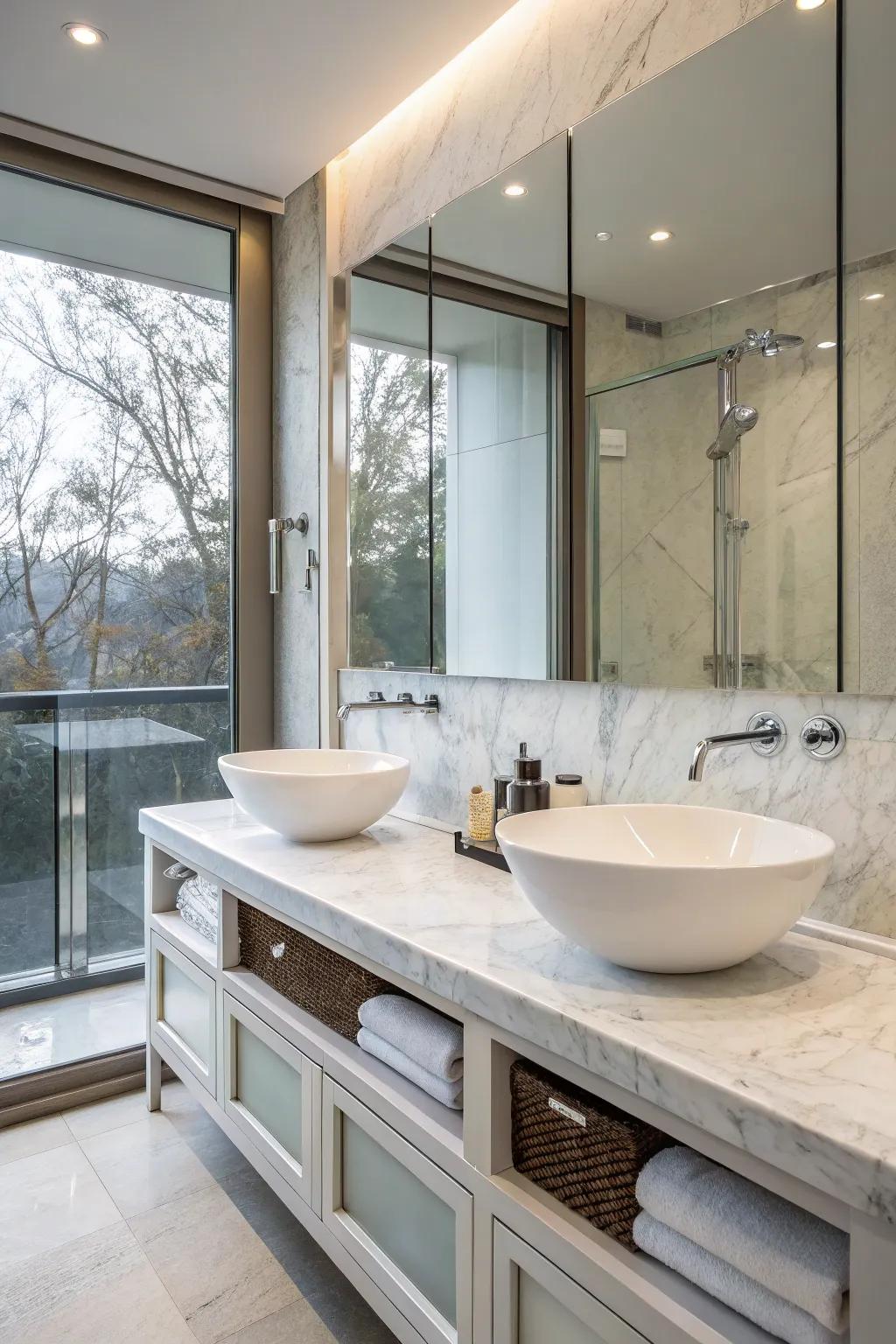 Double vessel sinks establish a captivating focal point in this bathroom.