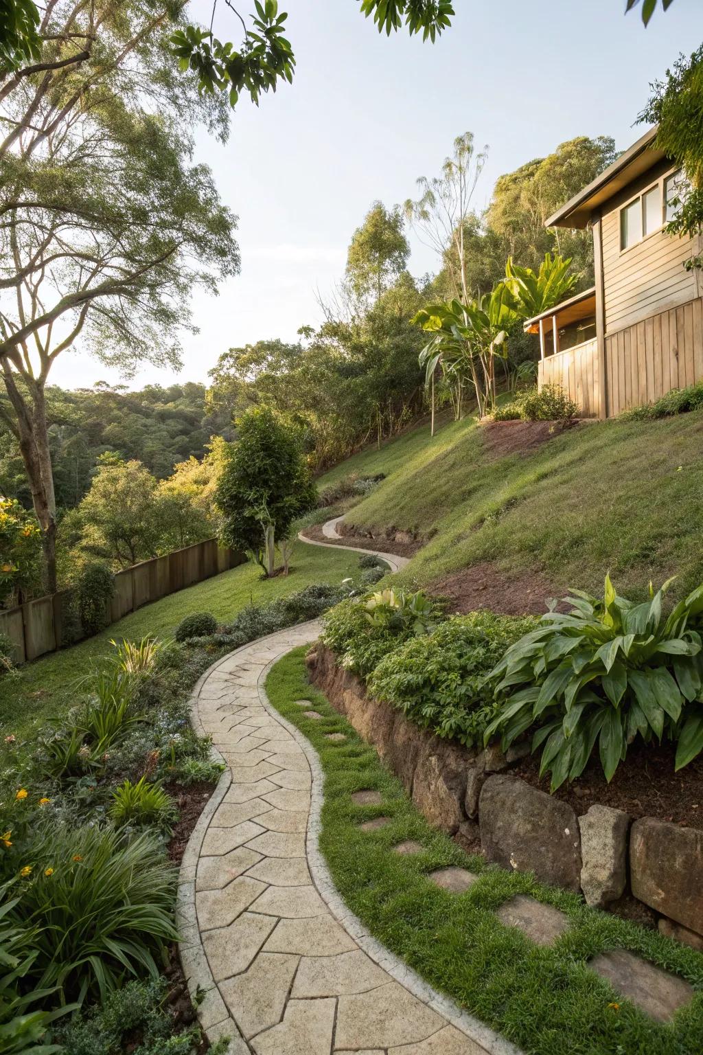 Serpentine paths fashion a whimsical expedition through sloped gardens.