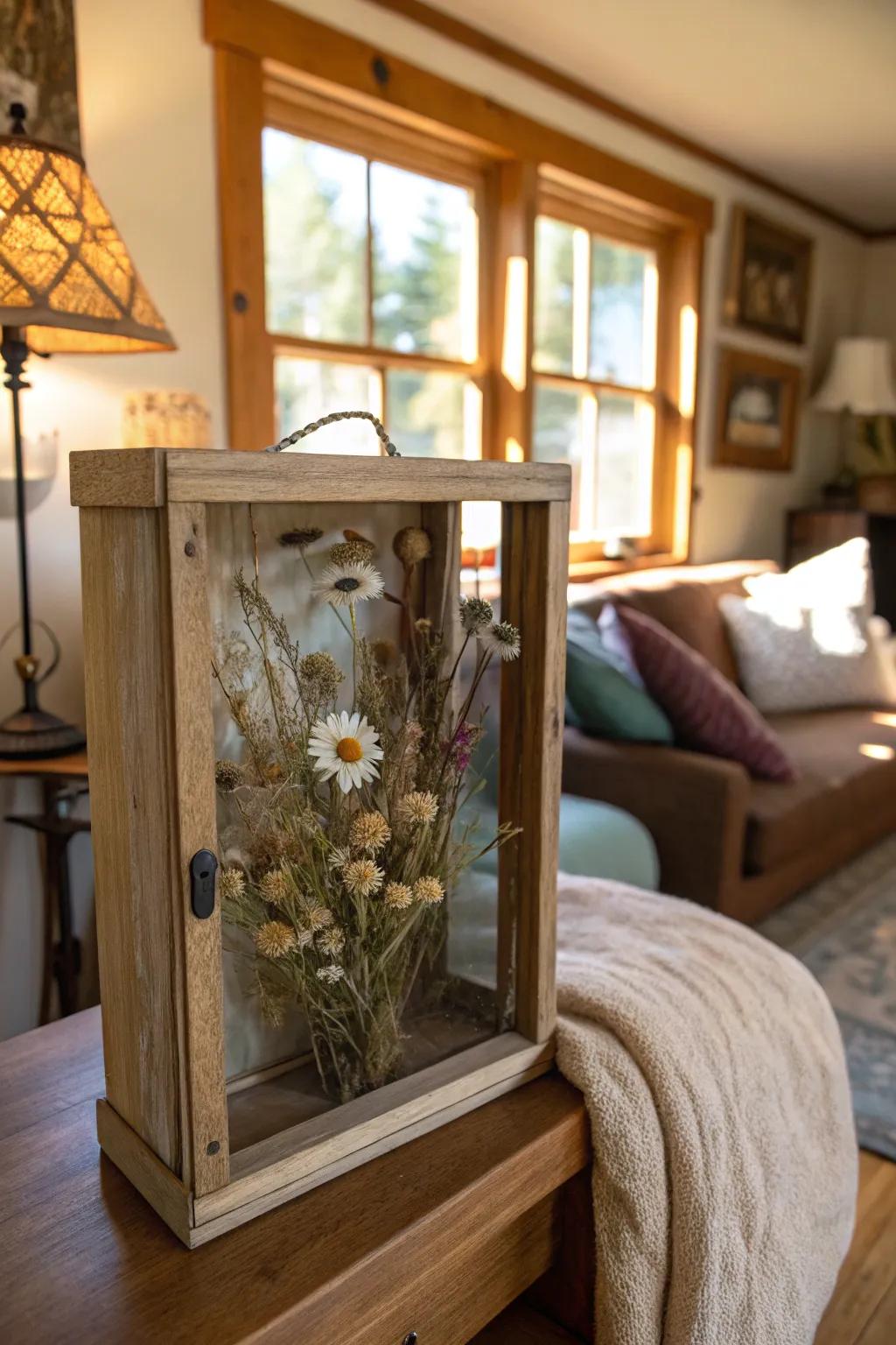 Embrace rustic charm using a wooden-framed dried flower display case.