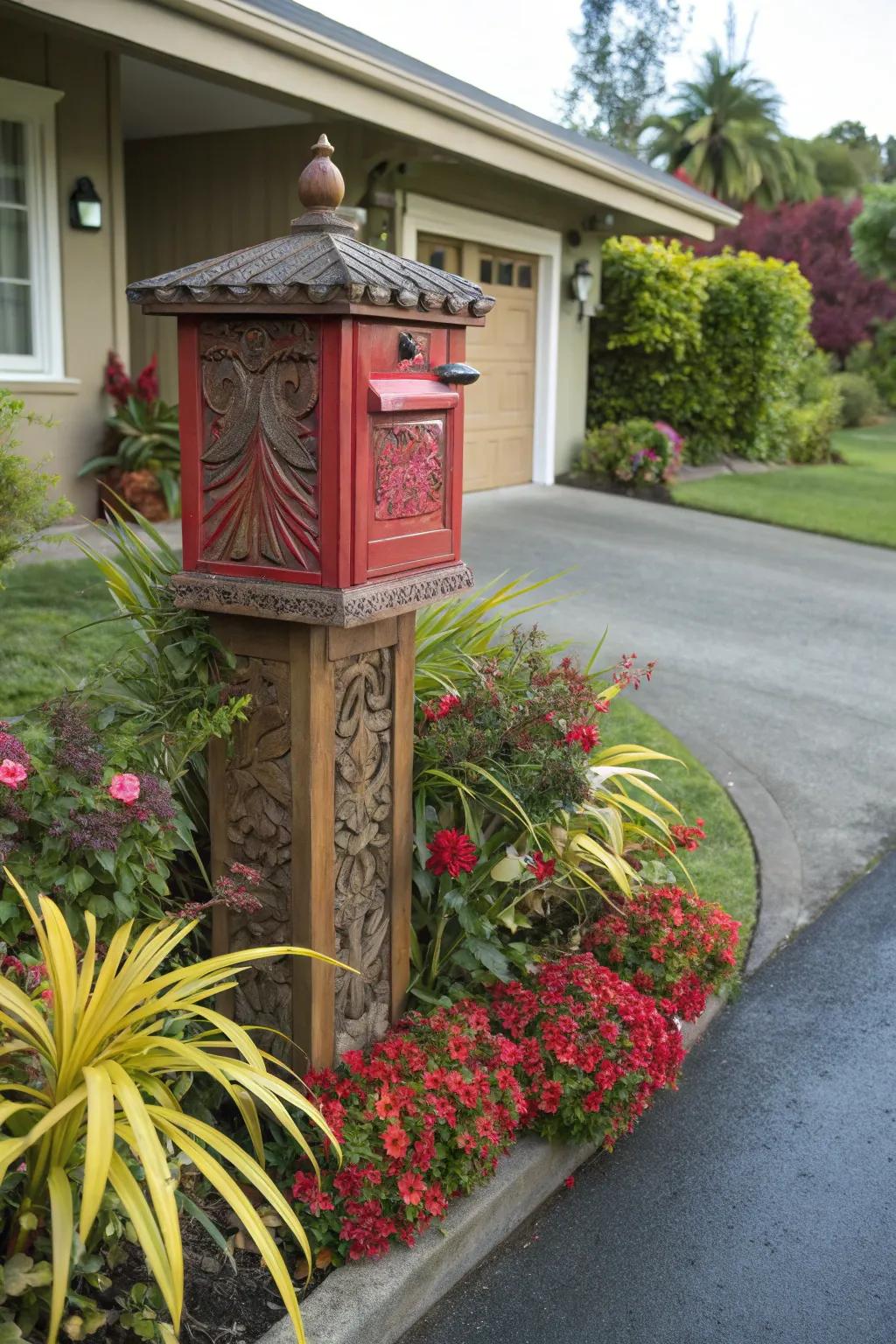 A creative mail container serves as a charming interest point at this entry.