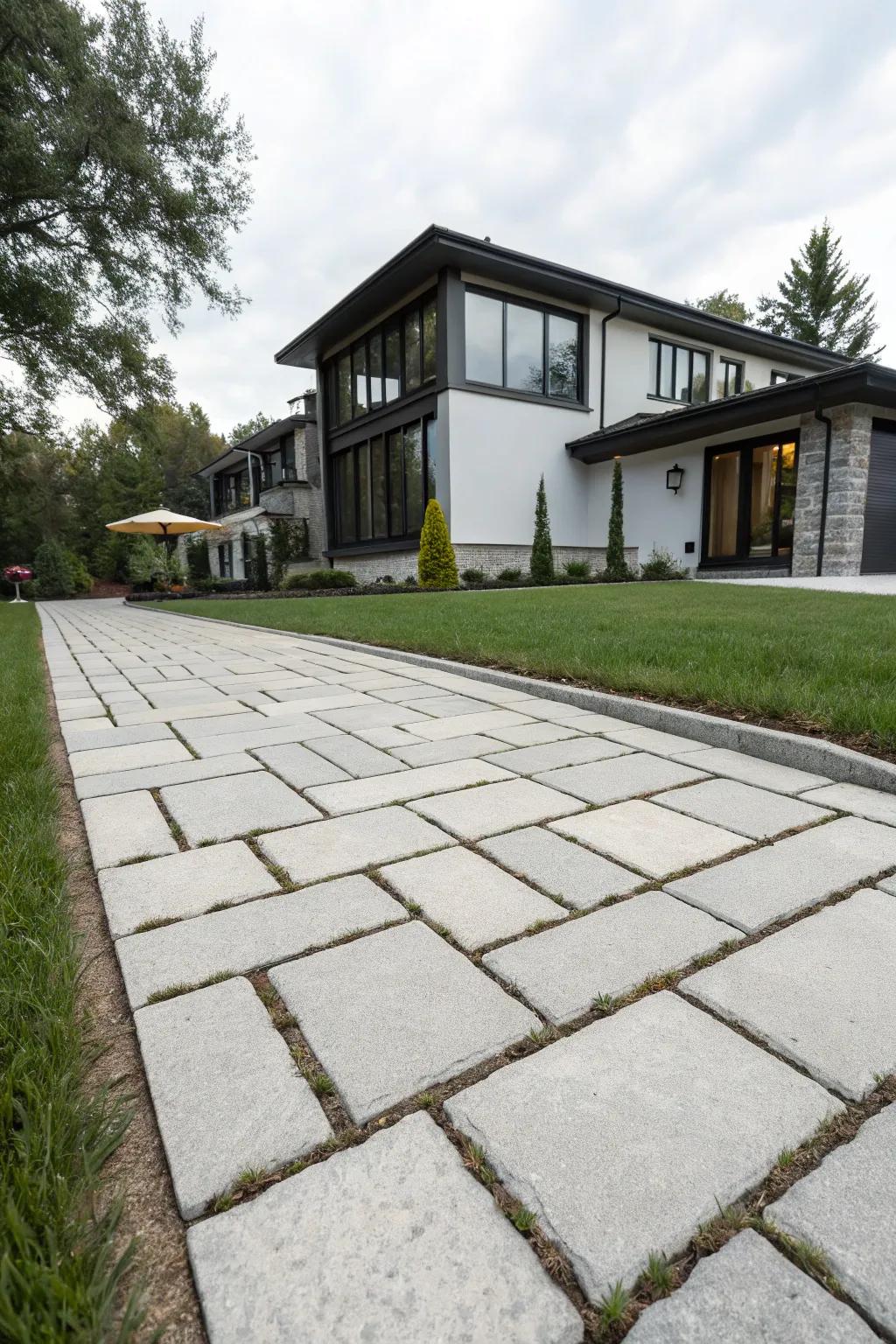 A grand and contemporary driveway with large format blocks.