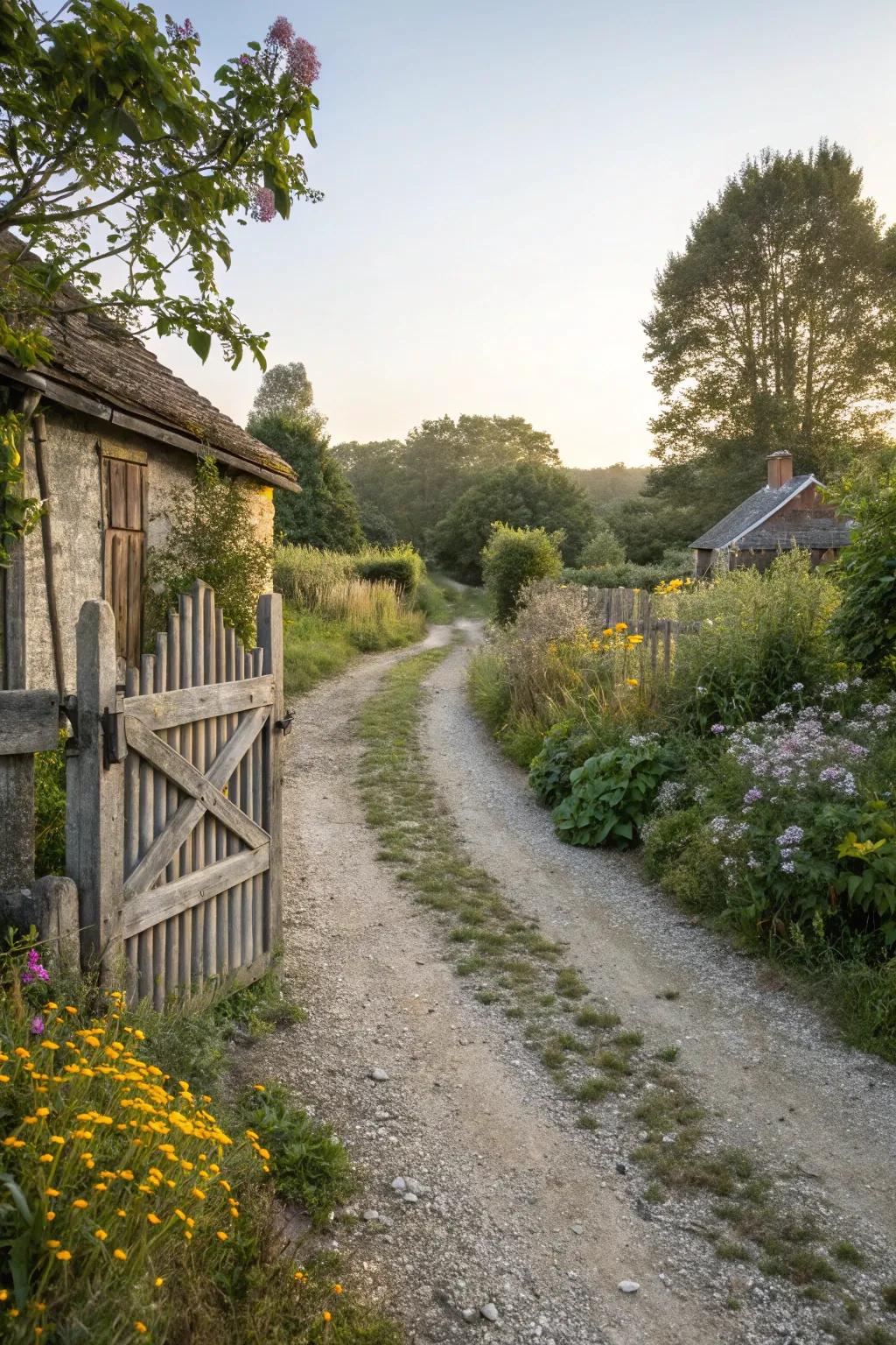 A captivating rustic farmhouse driveway showcasing natural elements.