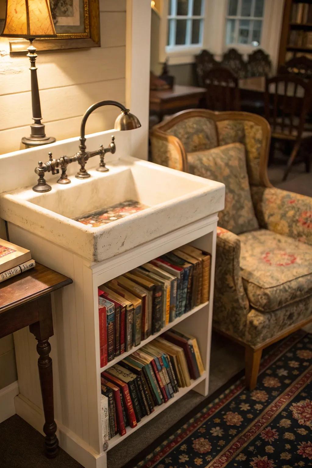 A tiny library created from a vintage water closet table.