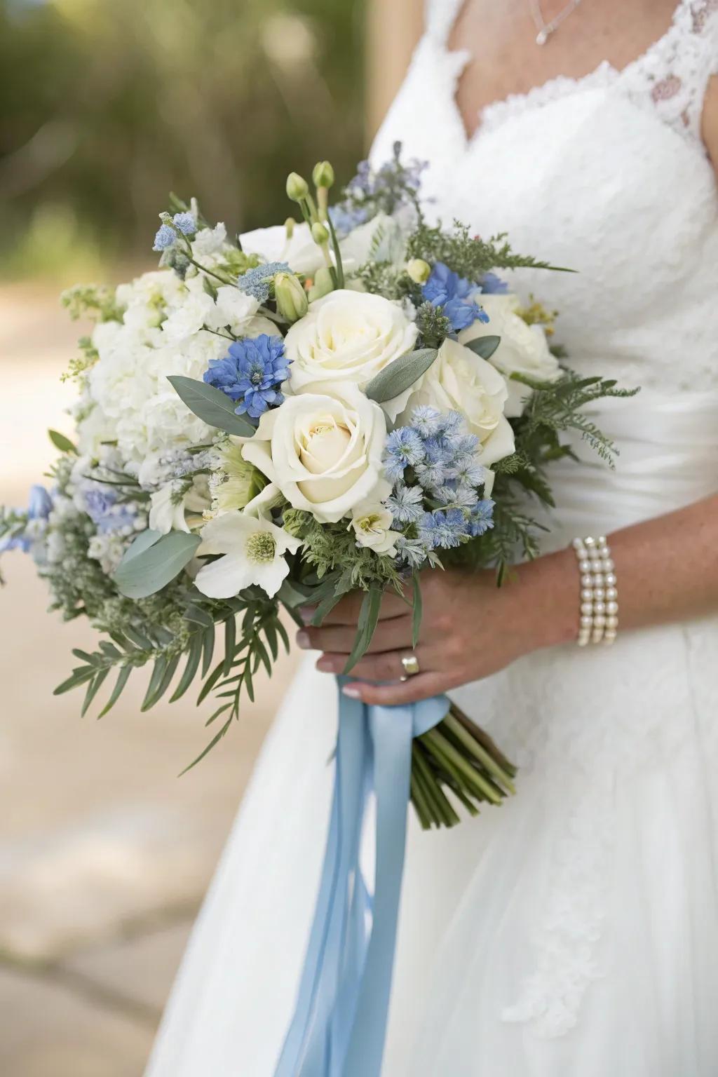 A stunning bridal bouquet tied with a misty blue ribbon, adding elegance and charm.