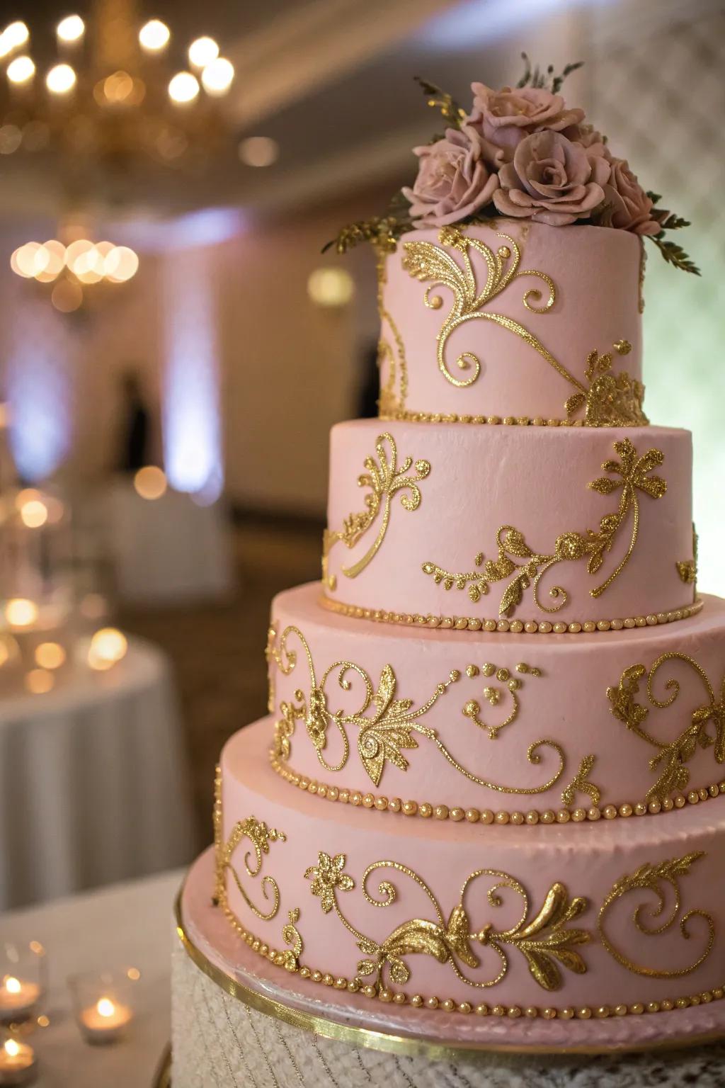 Sophisticated wedding pastry in antique rose and gold.