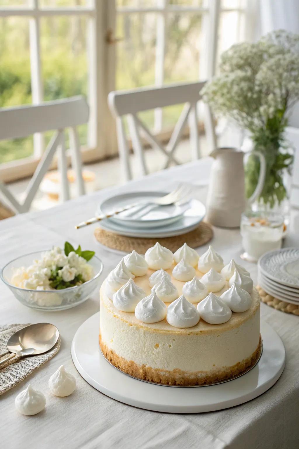 Whipped cream nimbus introduce a light touch to this cake.