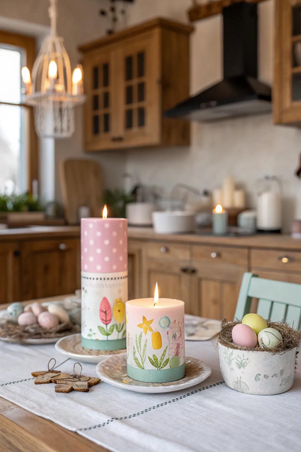 Easter-themed wick supports amplify sophistication and warmth within the kitchen.