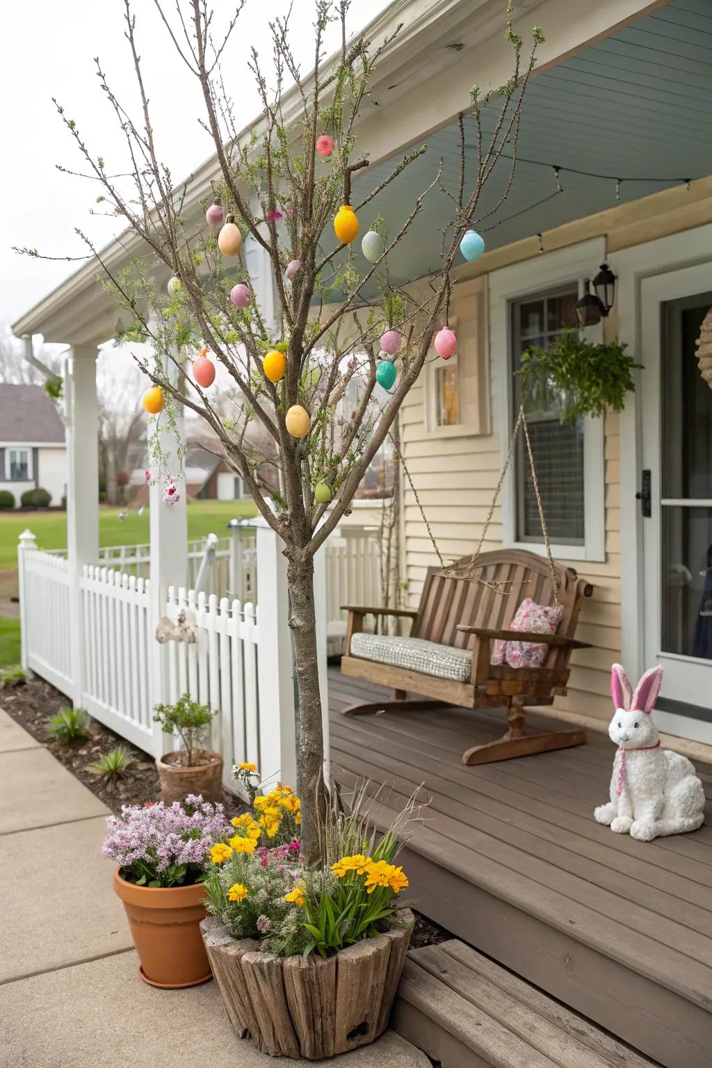An Easter-themed tree presents a captivating porch centerpiece.