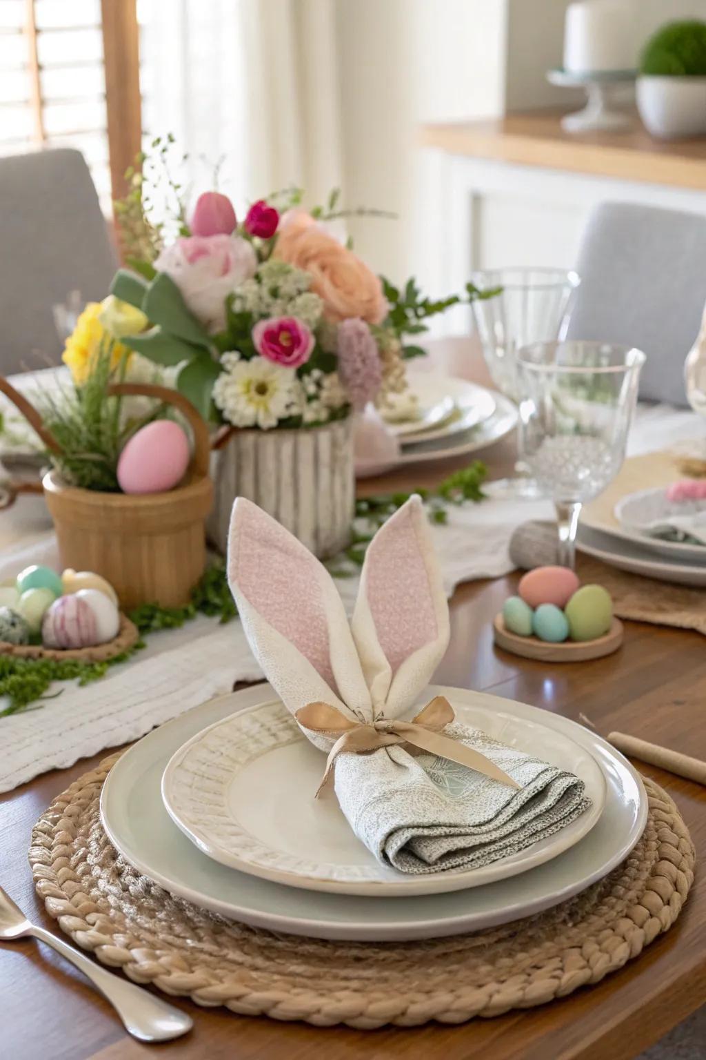 Rabbit ear cloth rings impart a whimsical and festive touch to the table.