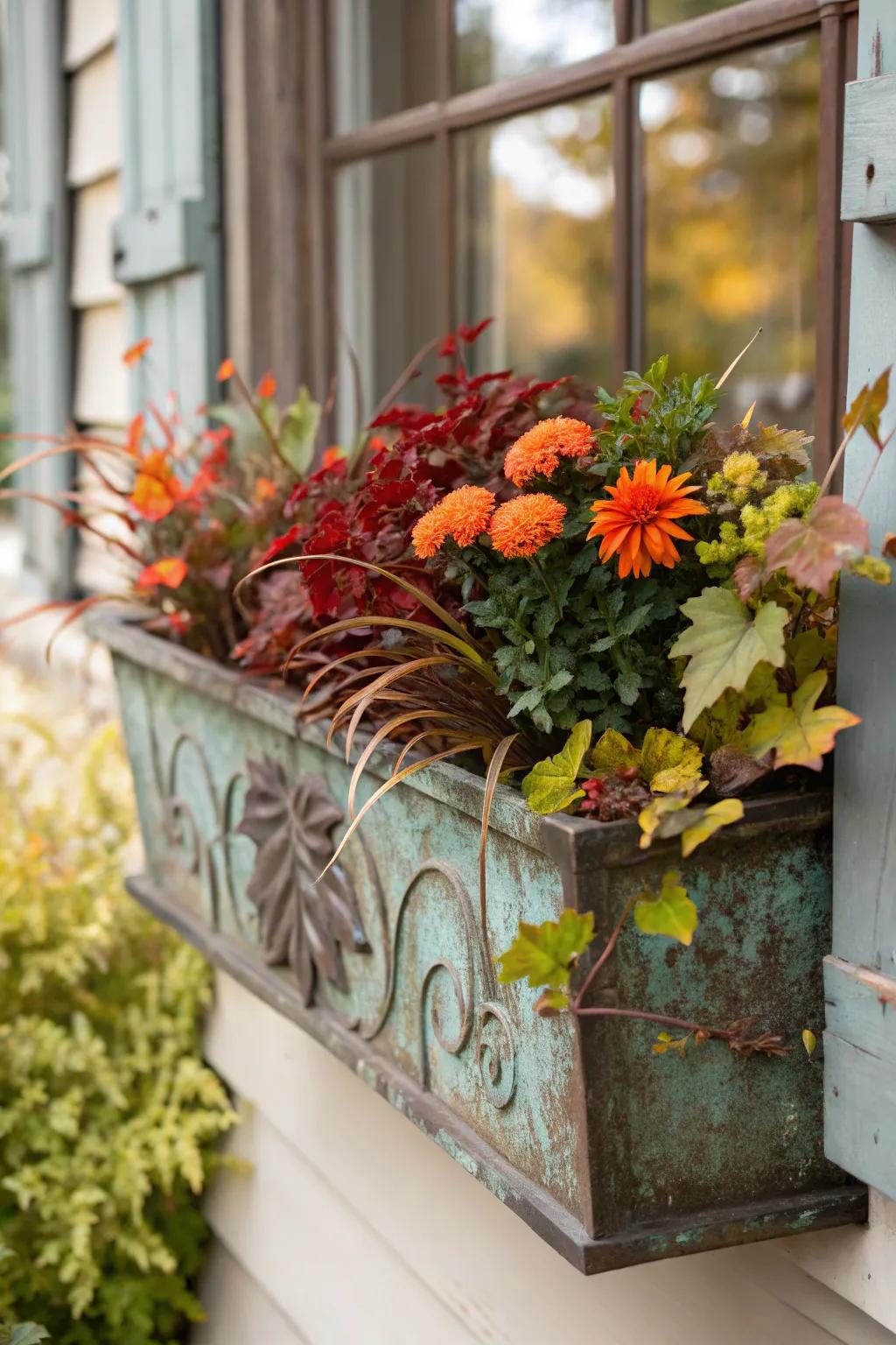 Weathered coating adds character to metallic boxes.