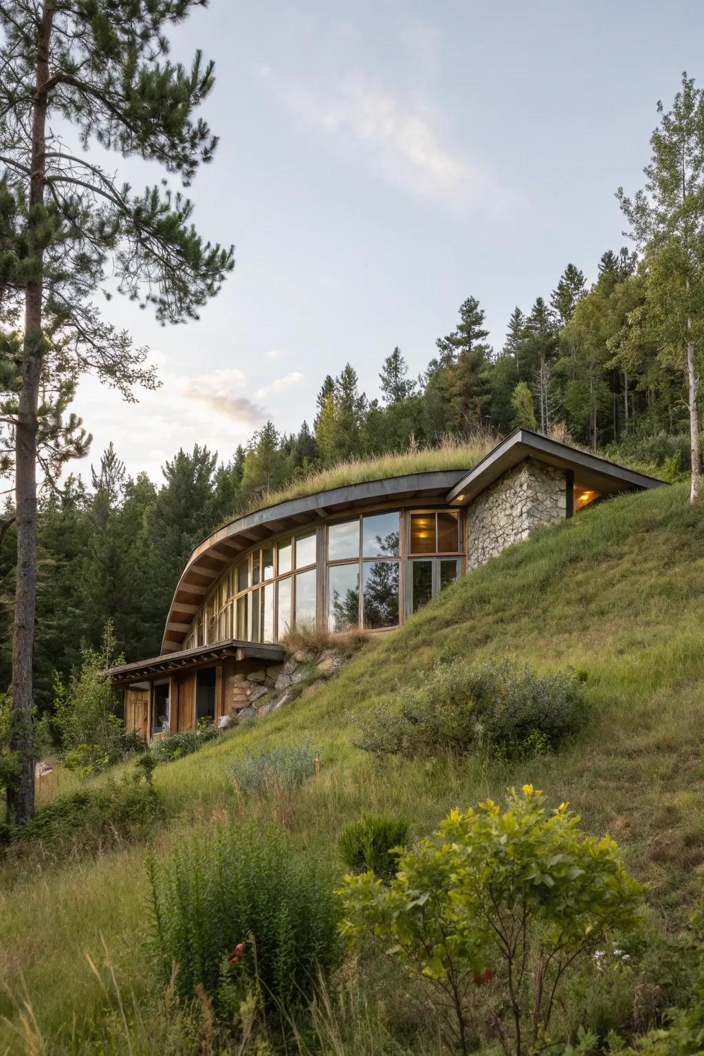 An earth-sheltered home seamlessly integrated into a hillside, showing natural harmony.