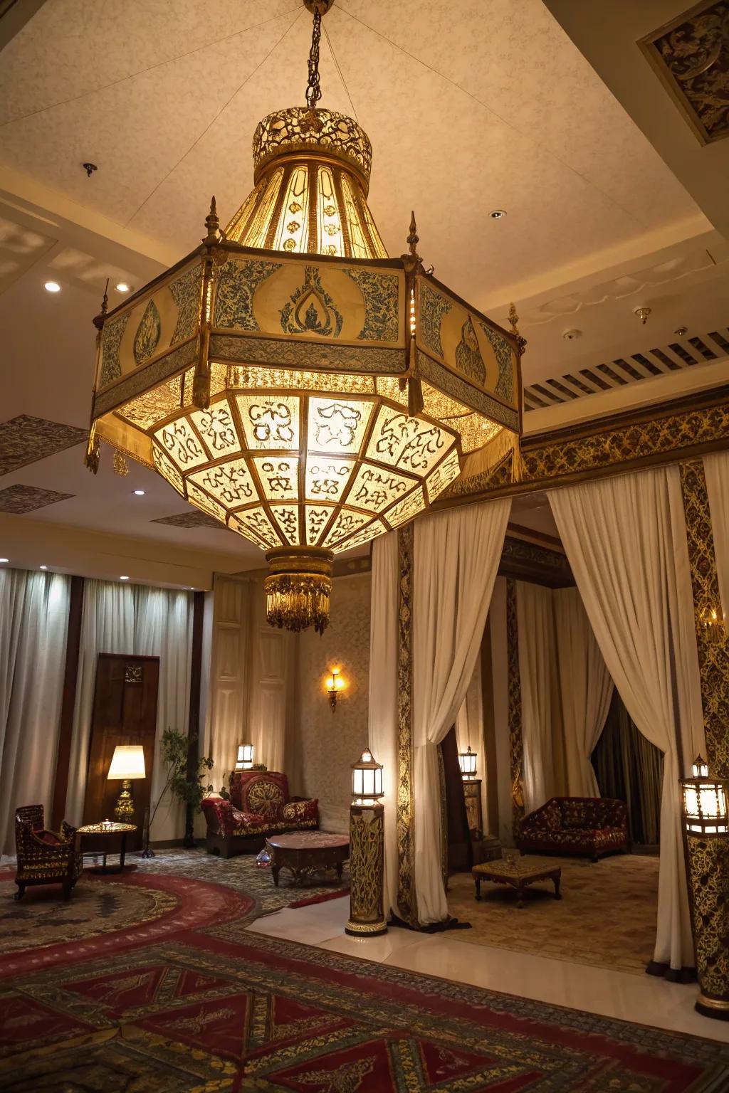 Chandeliers with Egyptian patterns illuminate elegantly.