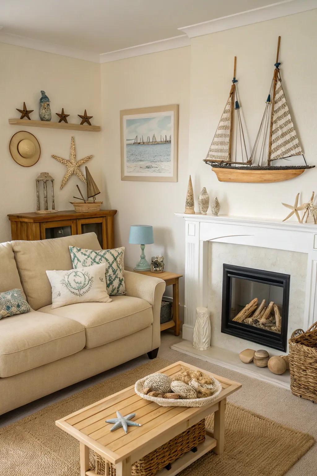 A coastal themed living room features a light-colored fireplace and nautical accents.