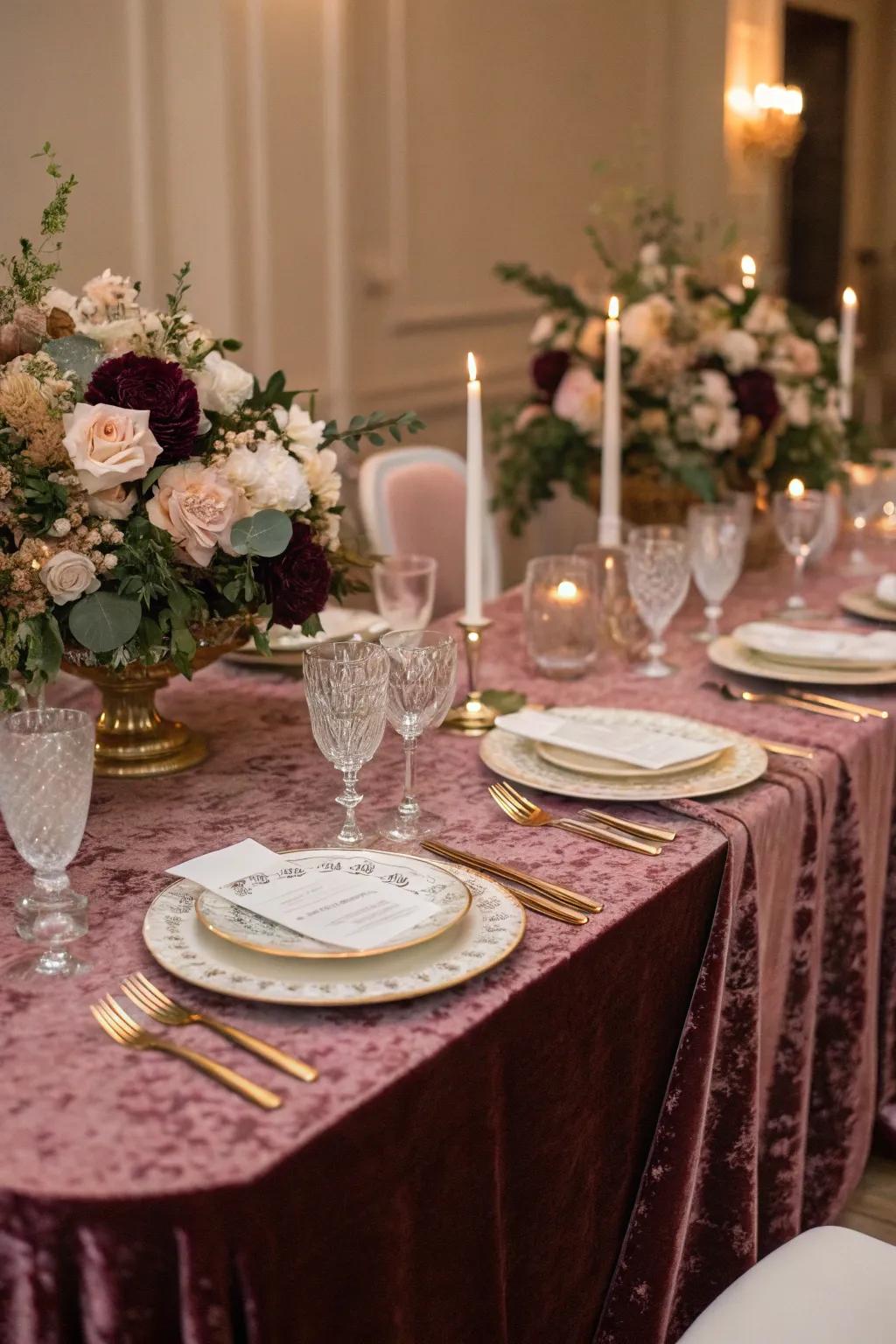 Silk velvet details impart a luxurious sensation to the tablescape.