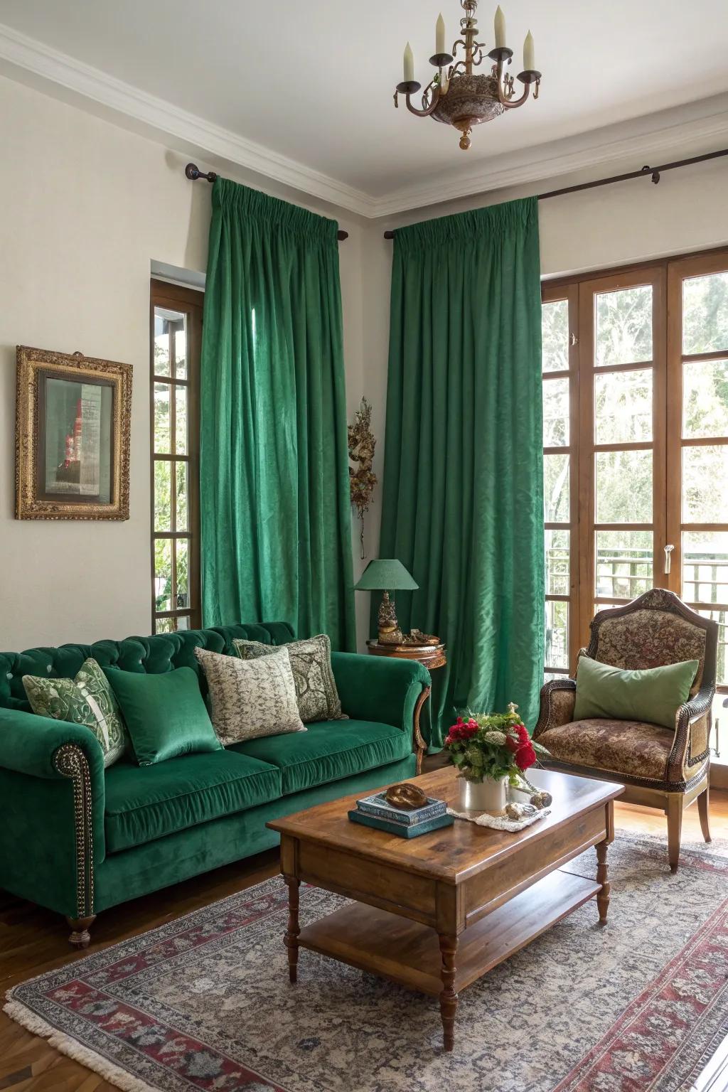 Vintage touches accentuate the forest green theme.