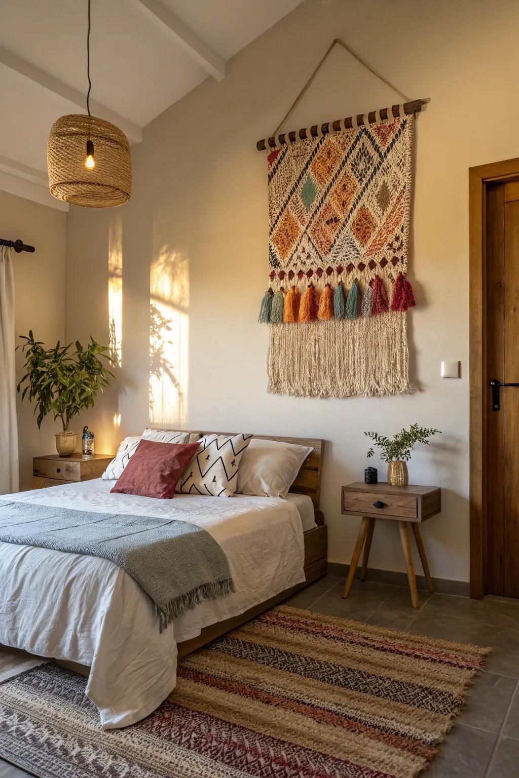 A cozy fabric wall hanging infusing the room with bohemian warmth.