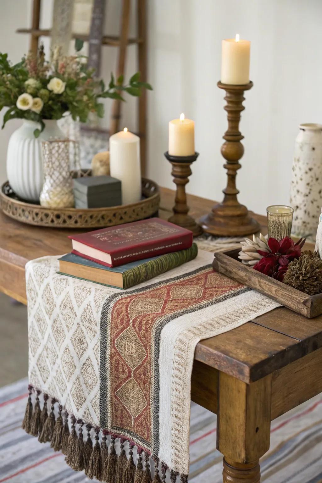 Layered textiles add warmth and texture.