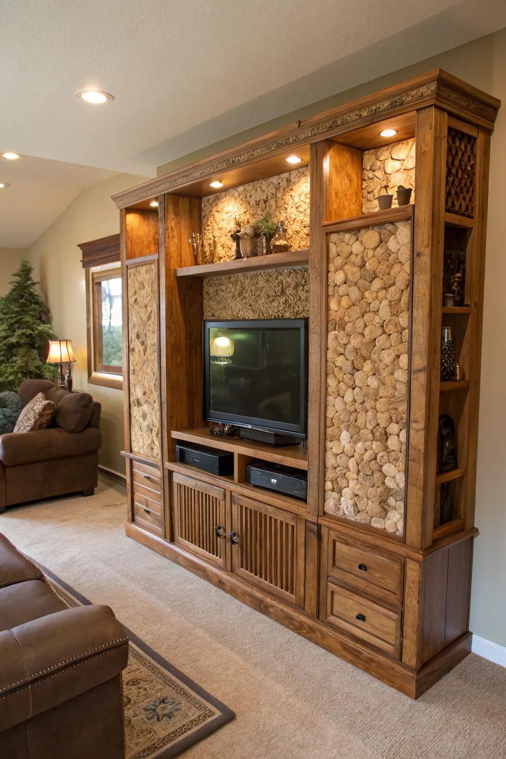 Unusual materials like cork and reclaimed wood add a unique touch to this entertainment center.