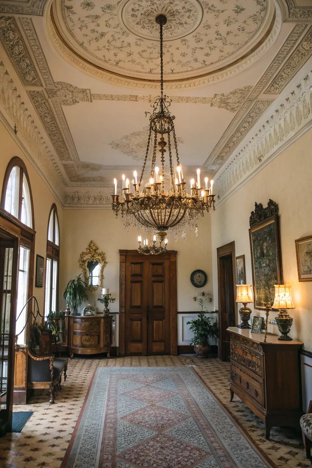 Vintage lighting adds charm and nostalgia to this entrance.