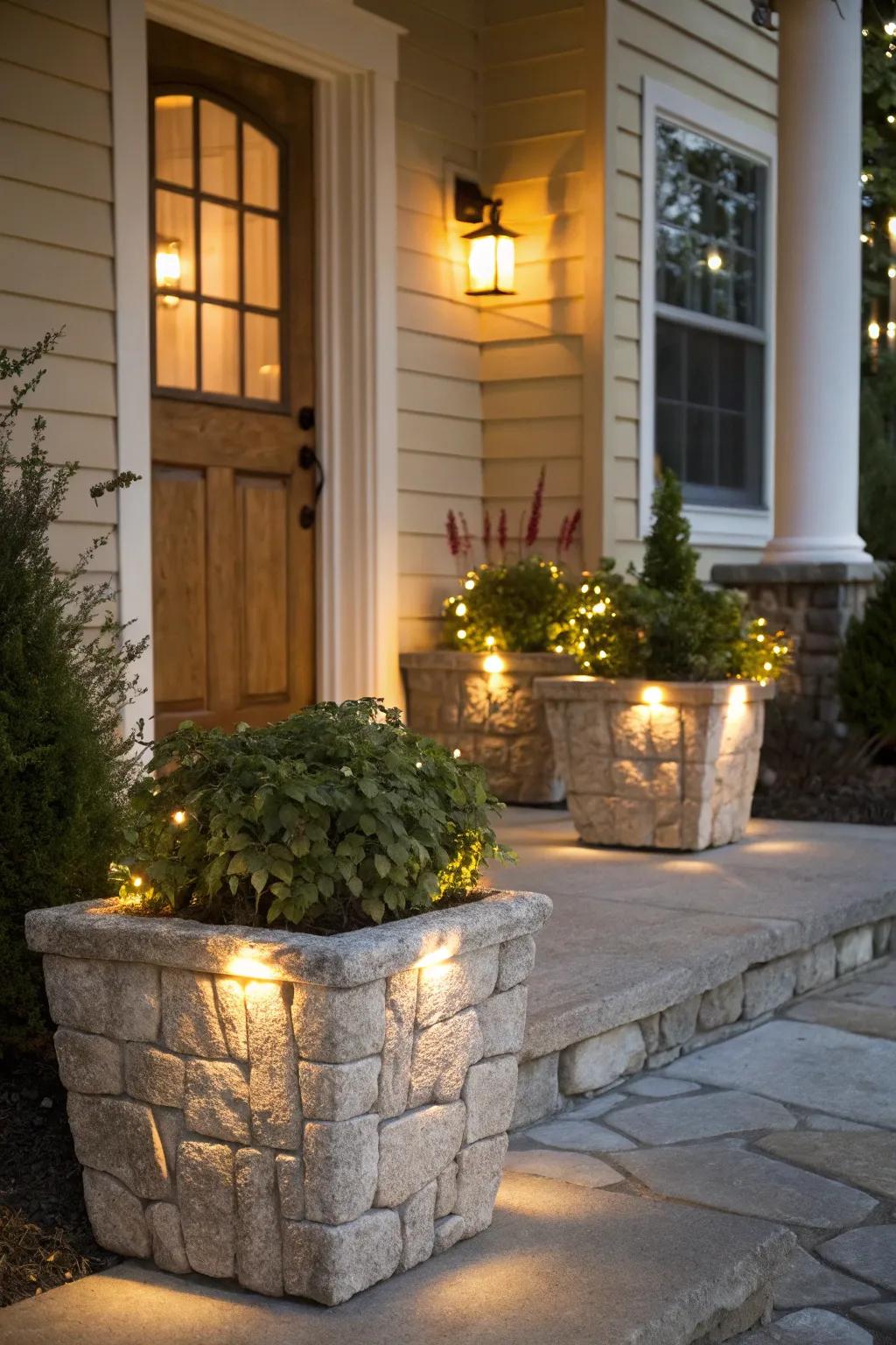 Multi-purpose stone containers featuring lights that enhance the porch's ambiance.