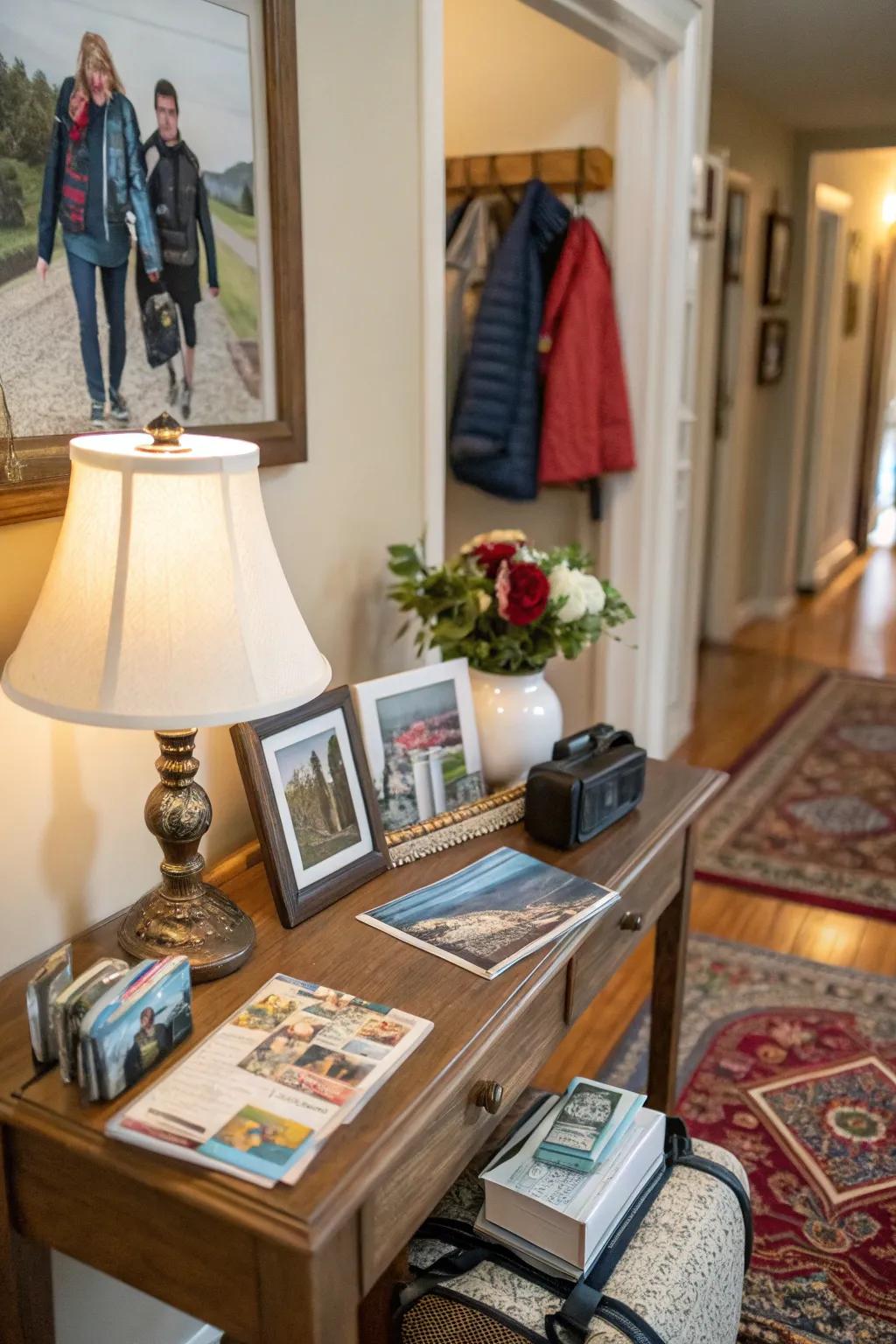 Mementos personalize entrances, sparking fond memories.