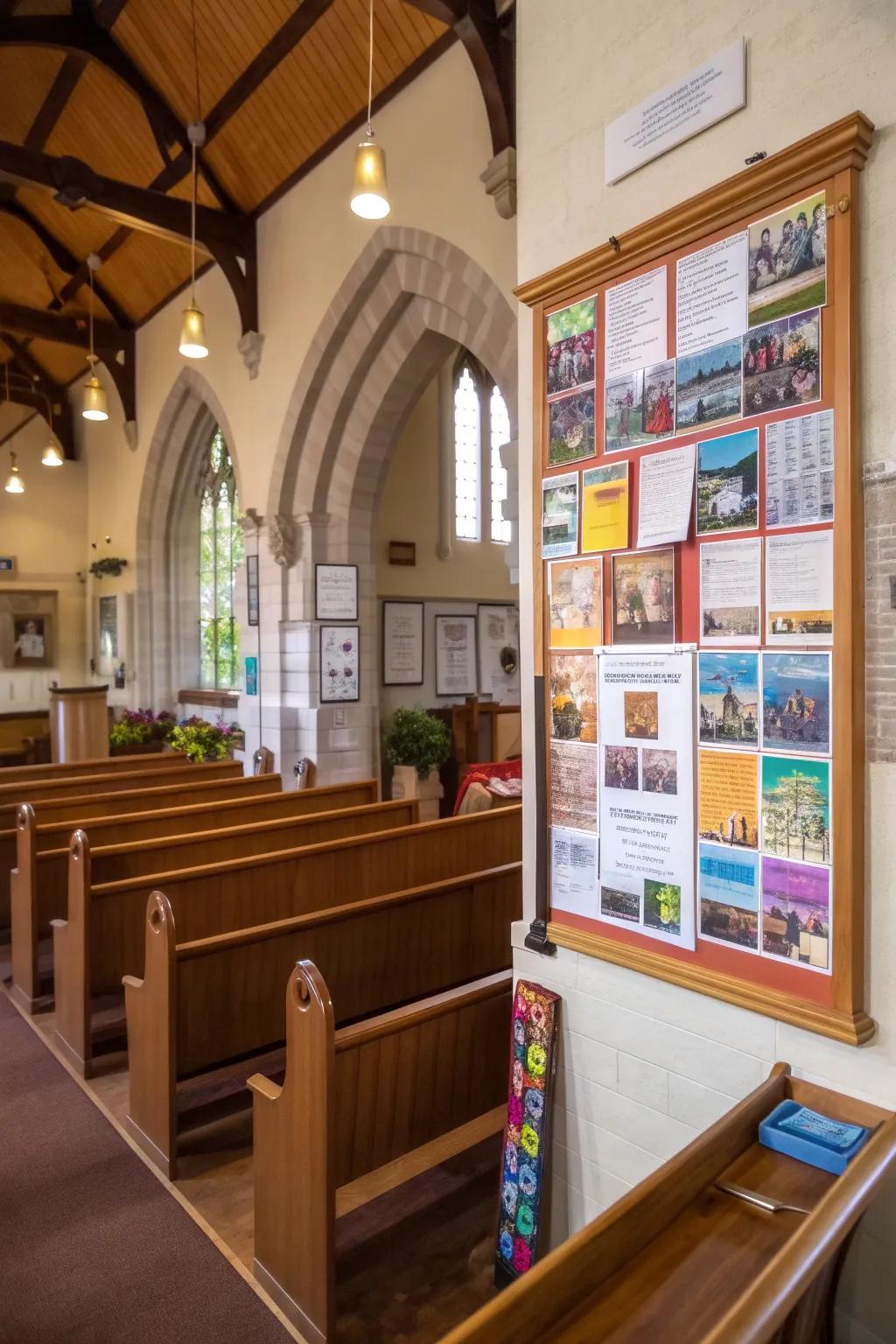 A community bulletin board keeps the church foyer lively and informative.