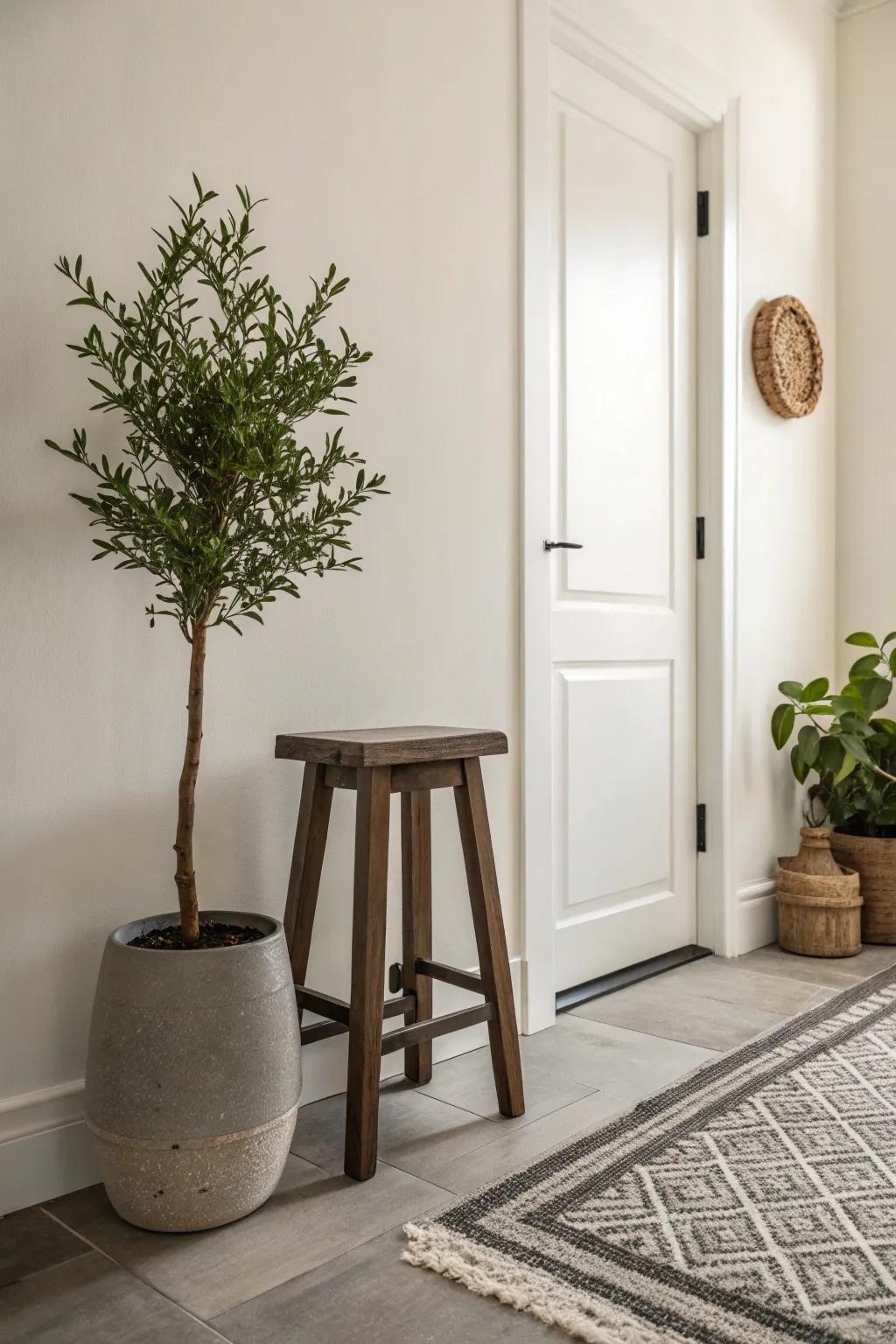 A minimalist approach fosters a serene entryway corner.
