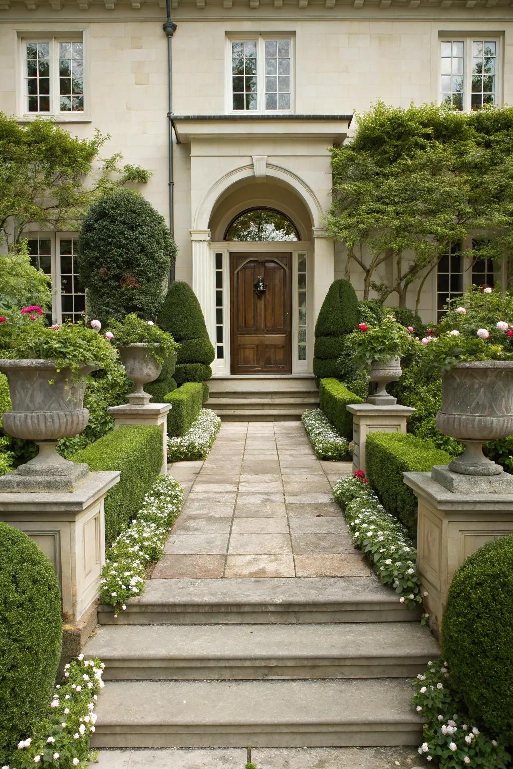 Balanced plants frame the entranceway beautifully.