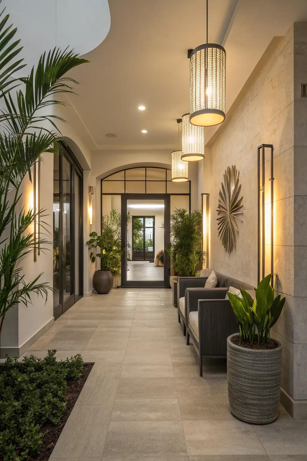 Eco-conscious LED lighting fixtures grant sustainable style within this doorway.