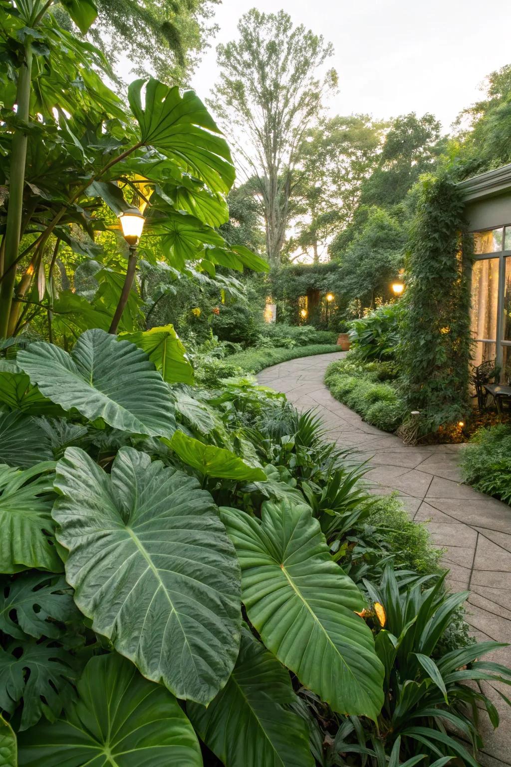 A garden featuring the spectacular appeal of large-leaved evergreens.