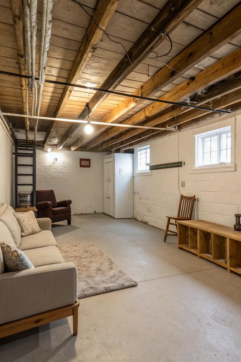 A simple yet charming basement with a natural ceiling.