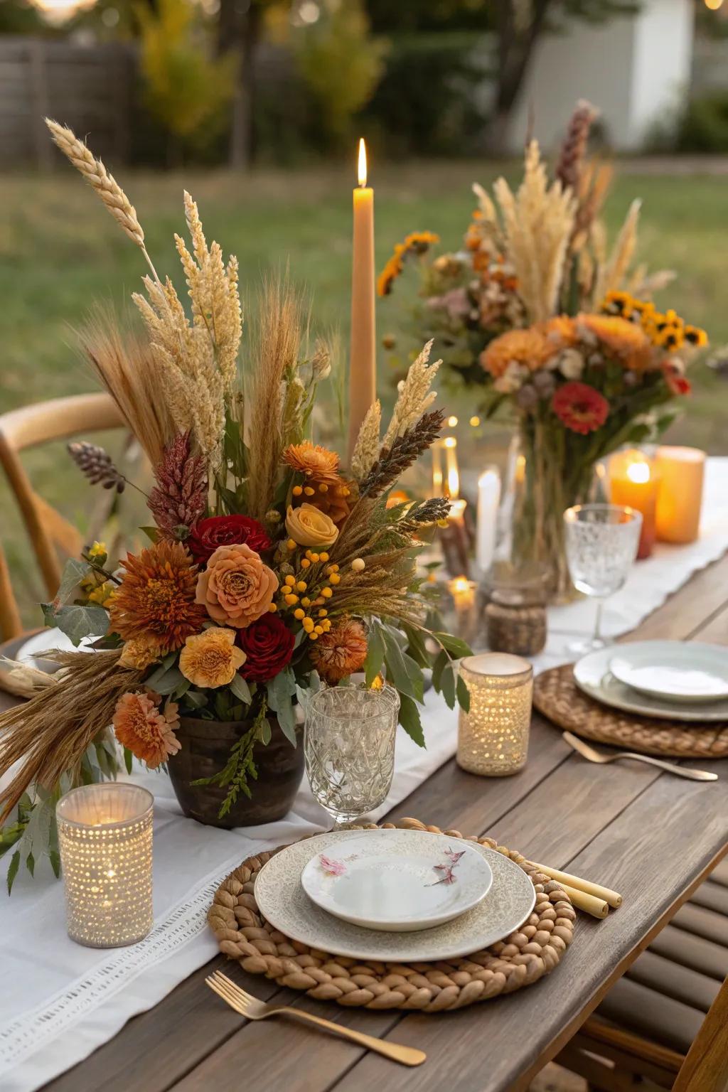 Surprising floral placements with grain stalks initiate dialogue.