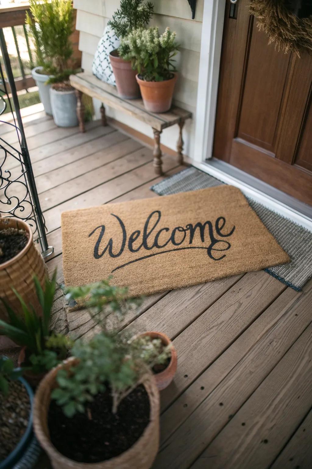 A handwritten script doormat offering a heartfelt welcome.