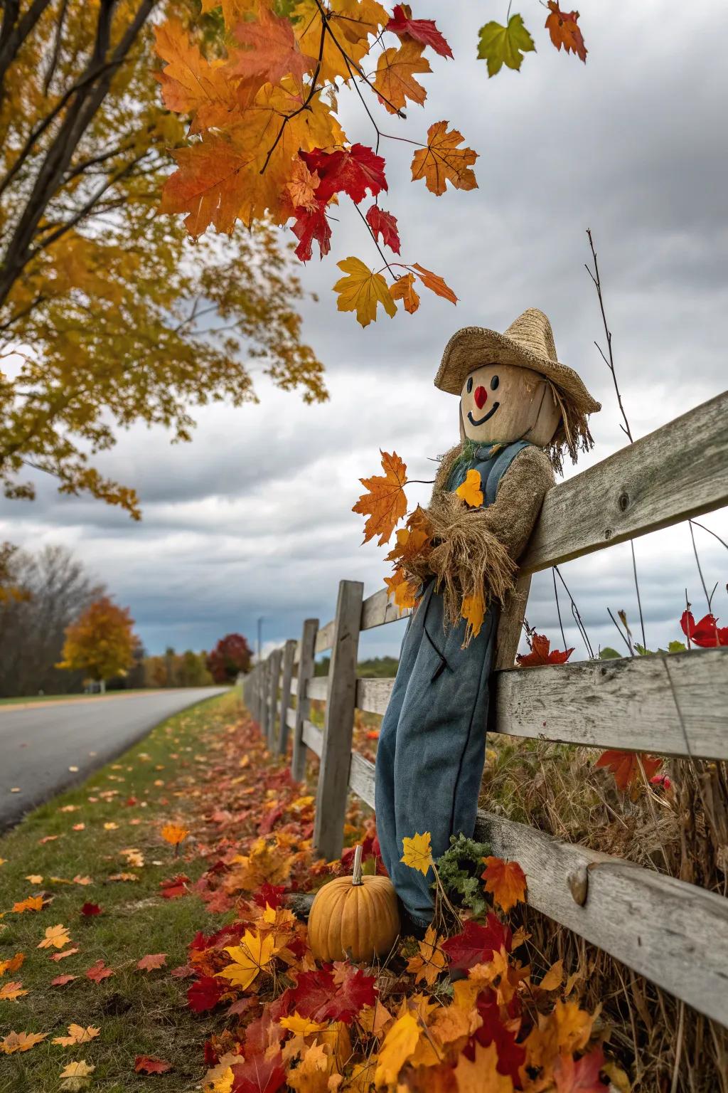 A friendly scarecrow adds a touch of festive fun to a fence.