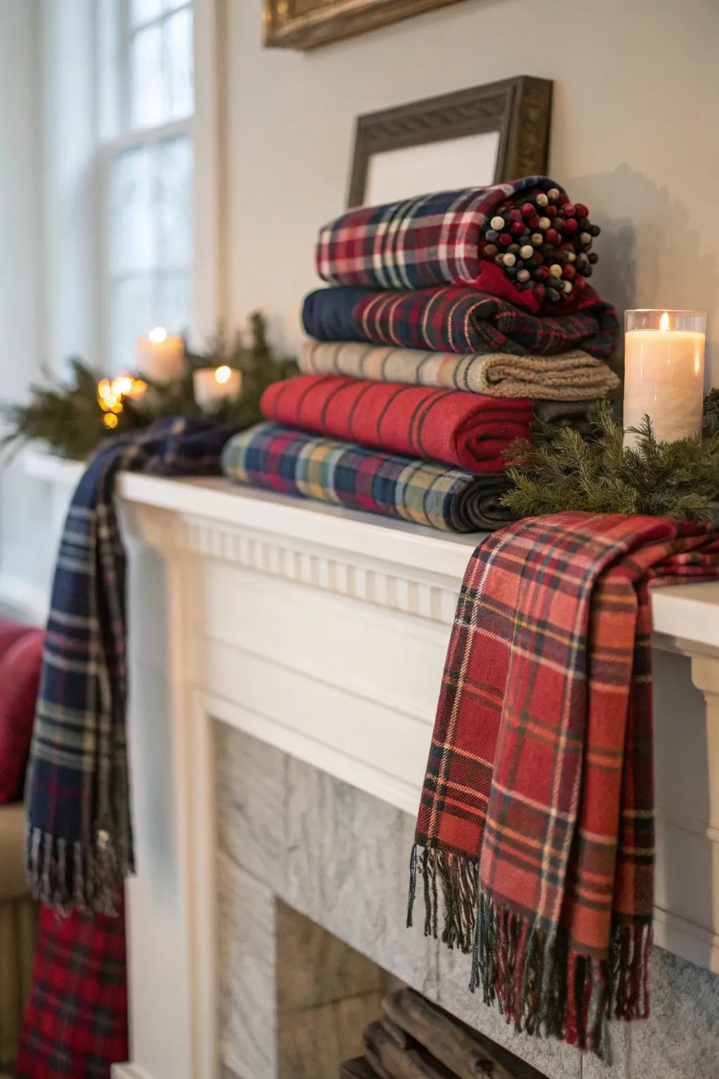 A snug fall mantel with checkered fabrics.