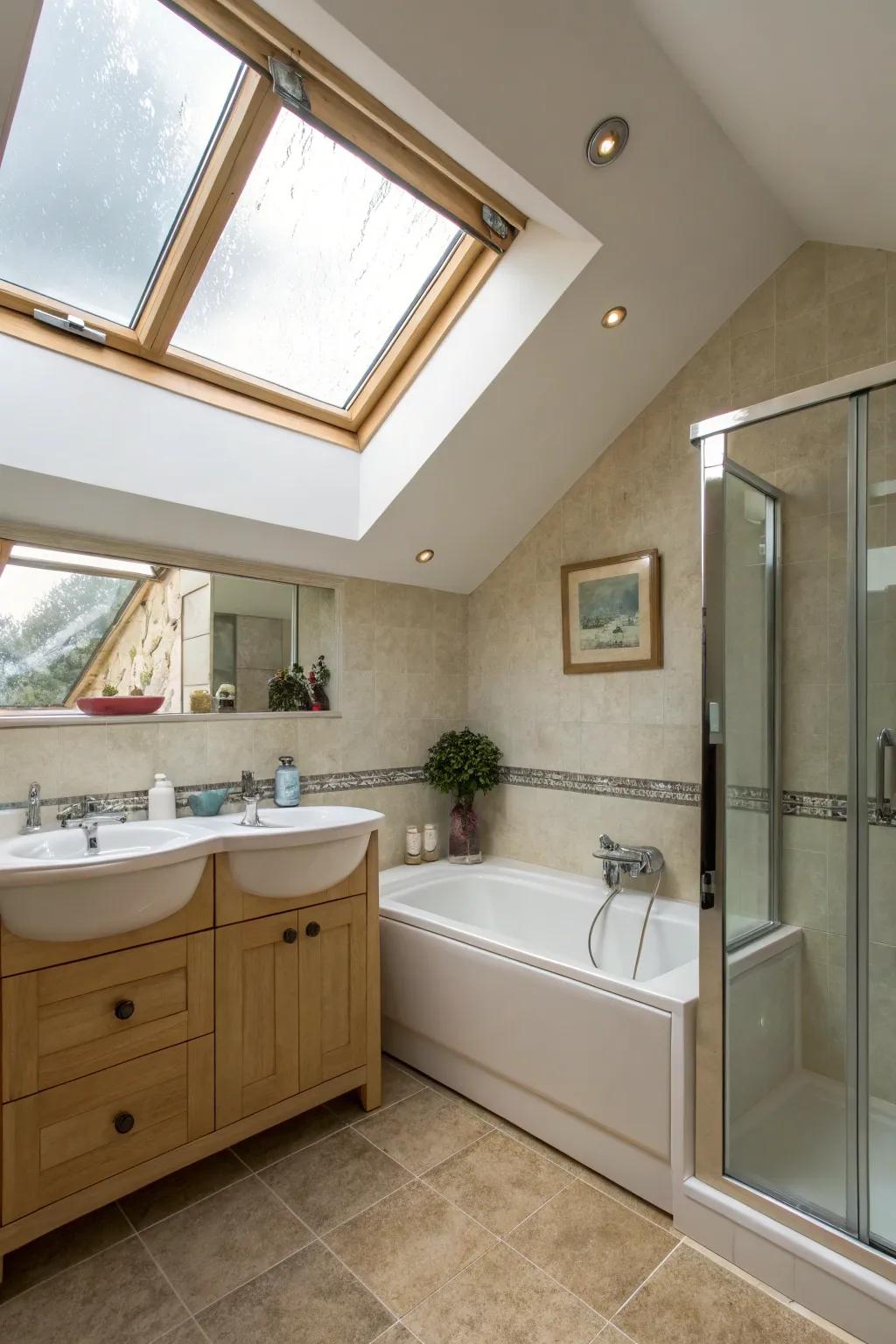 An overhead window enhances the bathroom’s natural beauty.