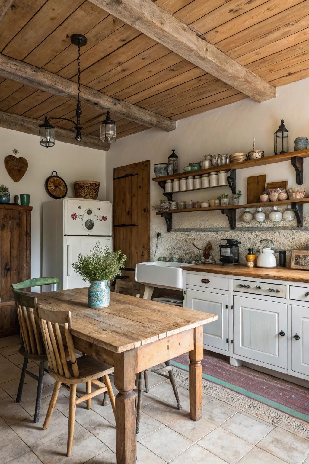 Timber boards bring warmth and texture to this farmhouse kitchen ceiling.