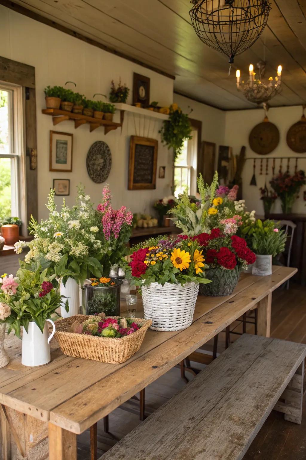 Greenery and florals infuse life and color to this farmhouse dining space.