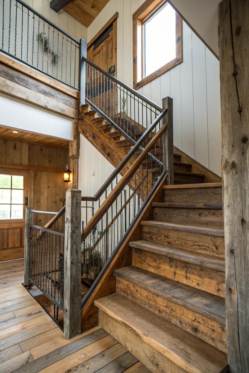 Mixed textures bring depth to a farmhouse staircase.