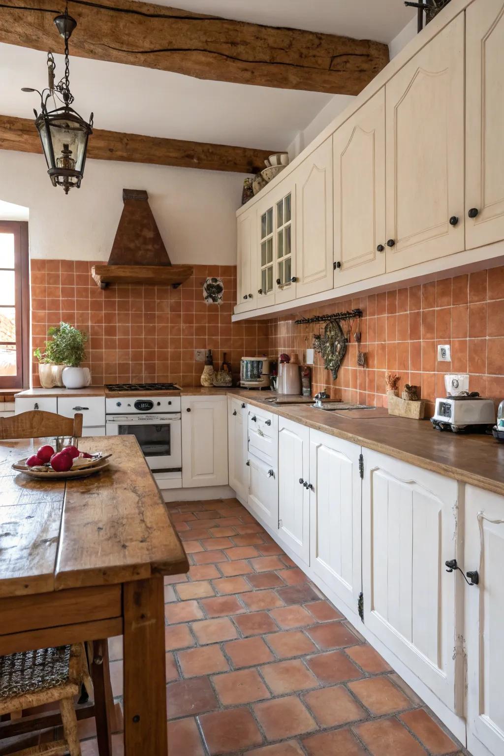 Terracotta tiles add warmth and rustic appeal to this farmhouse kitchen.