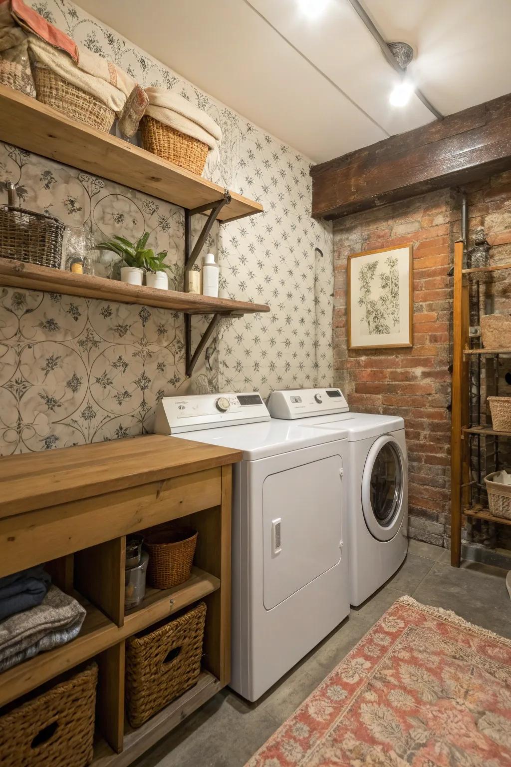 Adhesive wall coverings offer a swift and simple way to personalize this farmhouse laundry space.